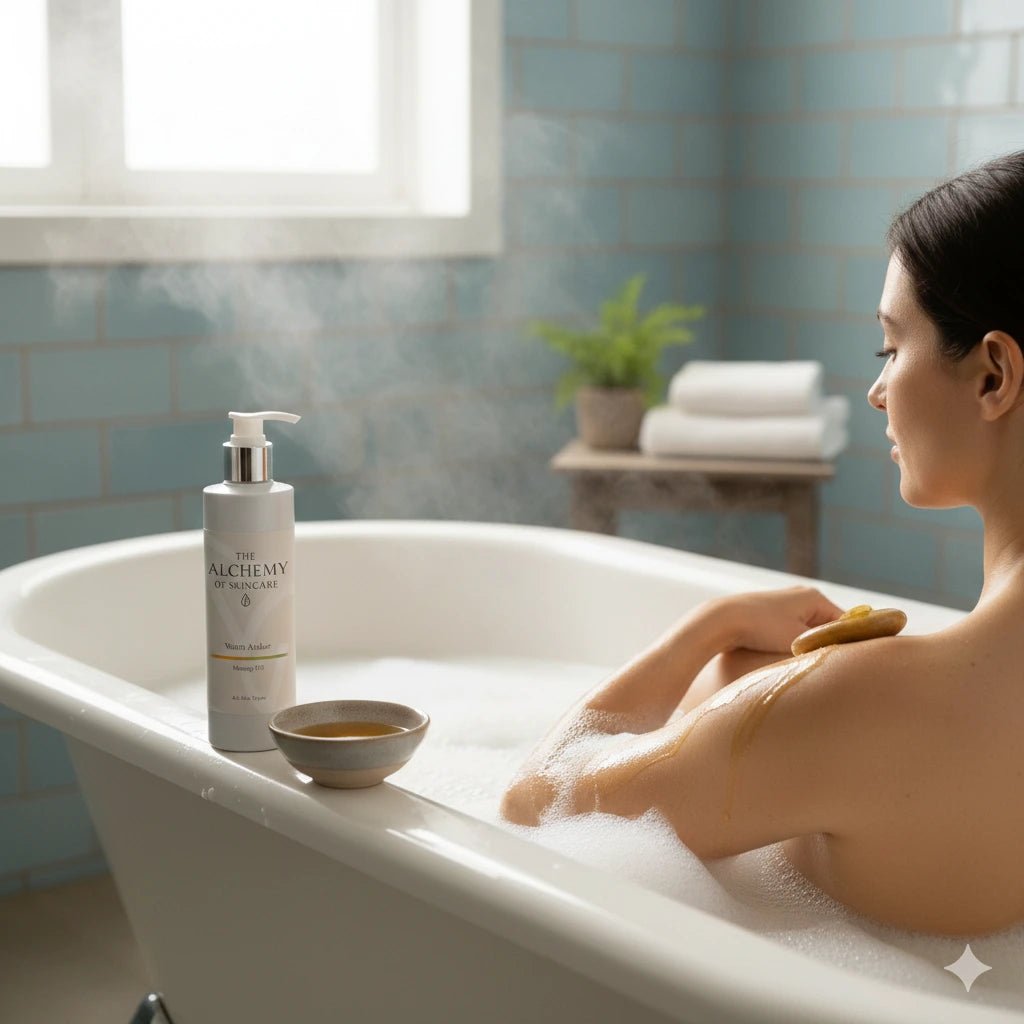 woman having a hot bath with alchemy massage oil