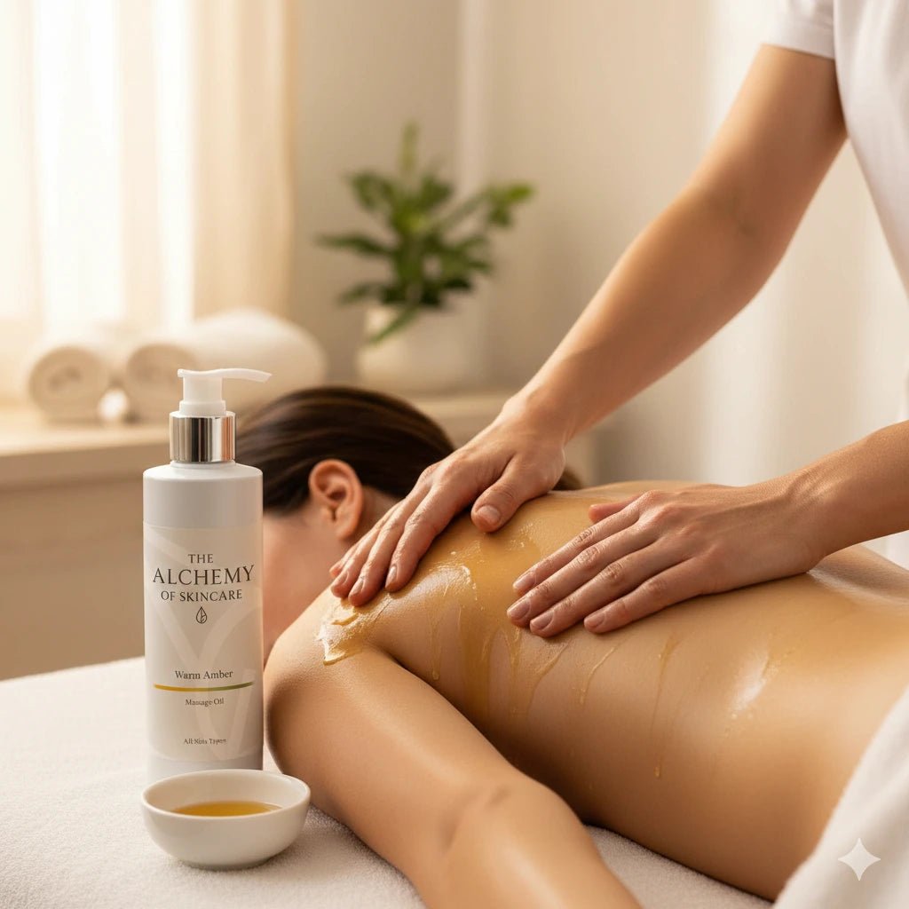 Person receiving a massage with 'The Alchemy of Skincare' product on a table.